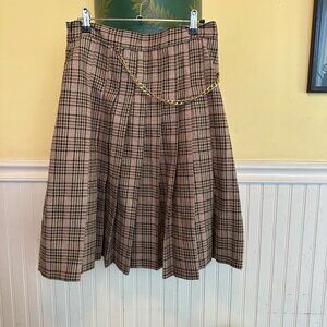 Pleated Brown Plaid Midi Skirt With Gold Chain Accent By Apparelel L